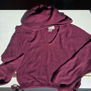 Roxy Cropped Hoodie Sweater, Deep Purple, Button & Tie Detail, Size Large